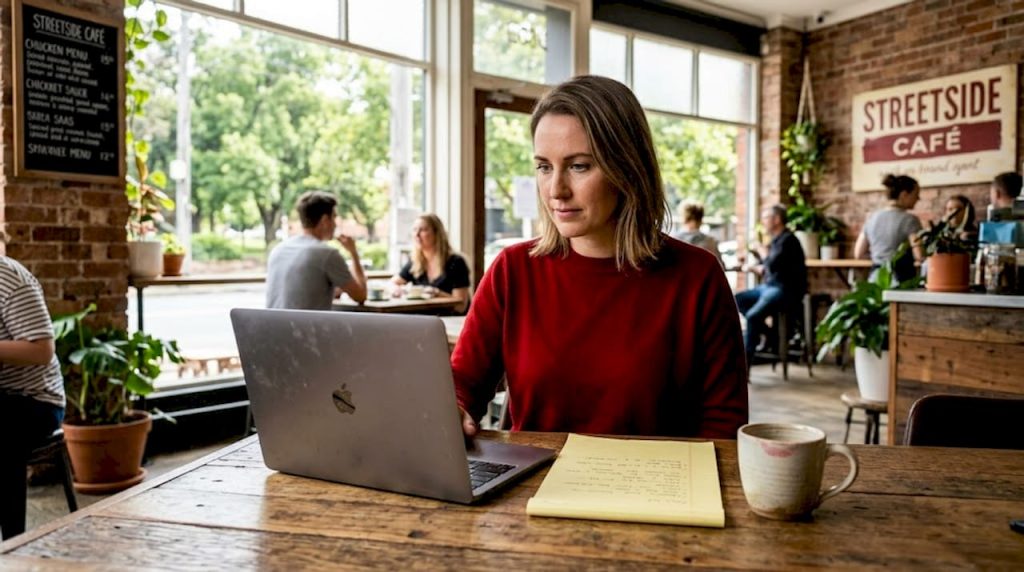 Shop owner manages Google listing at desk