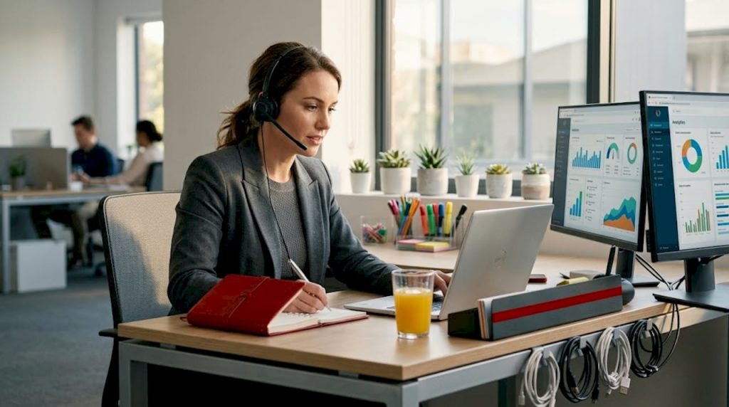 Woman managing website integrations at dining table