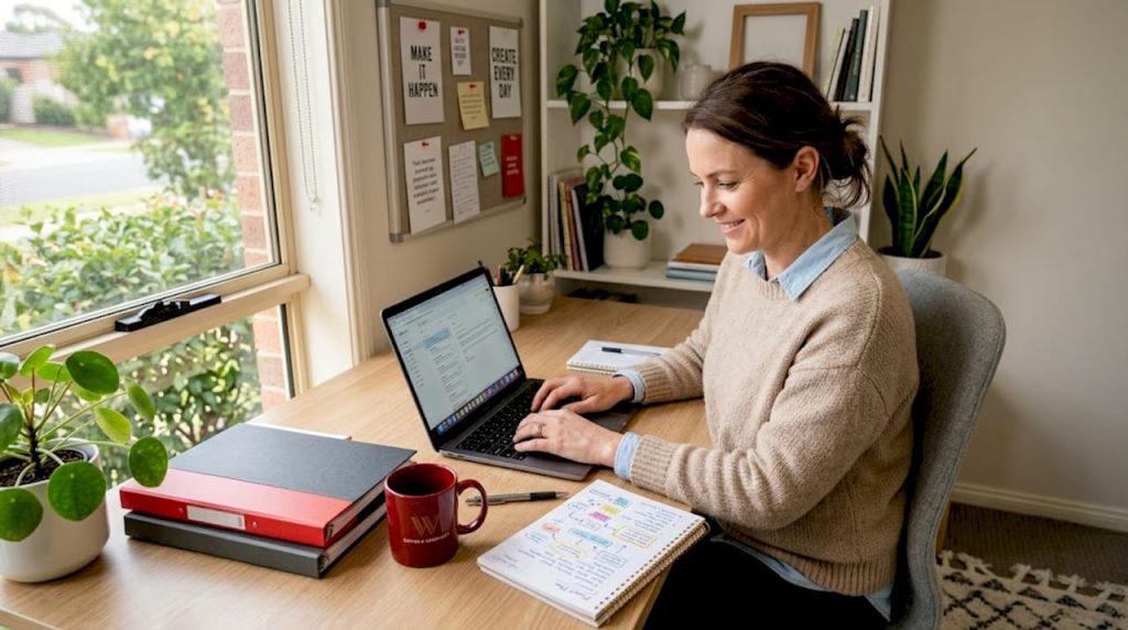 Small business owner managing content at desk
