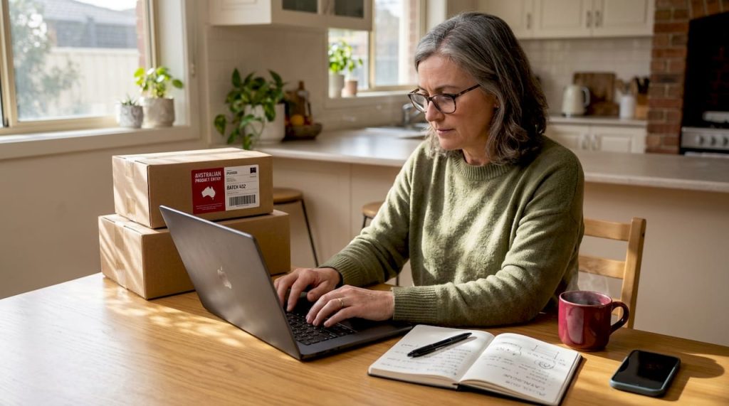 Businesswoman working on e-commerce setup at kitchen table