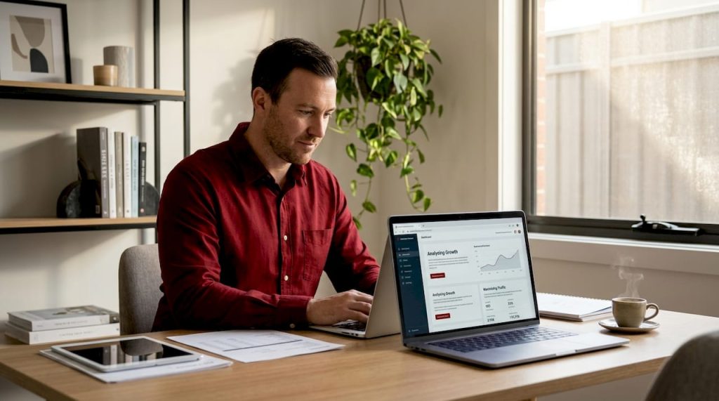 Small business owner working on laptop at home desk