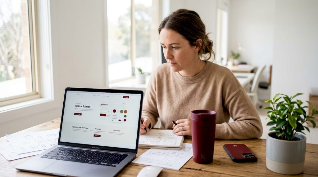 Small business owner reviewing homepage design on laptop