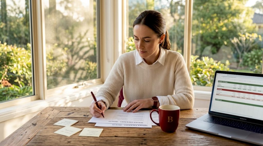 Small business owner reviewing service packages at desk