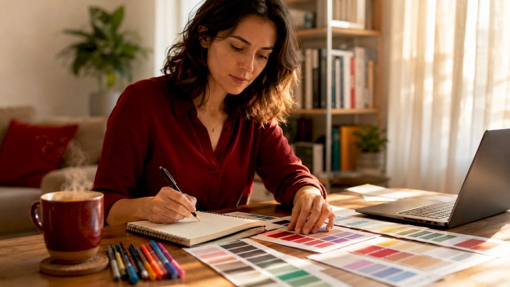 Web designer comparing colour swatches at desk