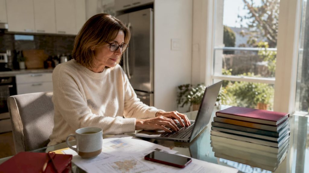 Woman typing website optimisation notes at home office