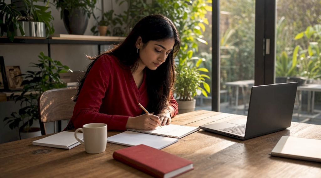 Woman planning website traffic strategy at desk