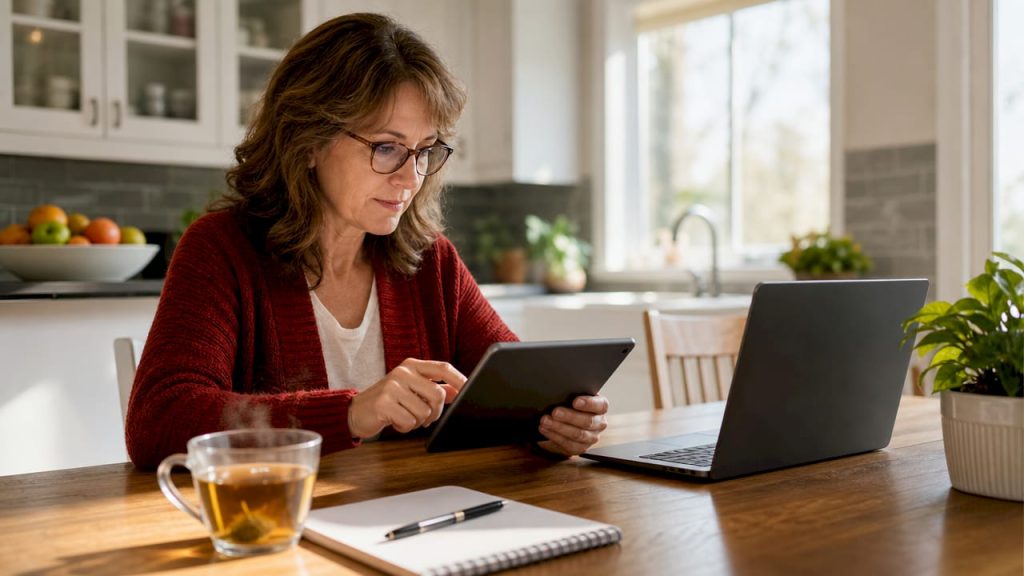 Woman configuring website security in home office