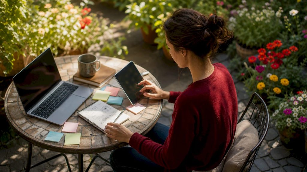 Small business owner planning content workflow at kitchen table