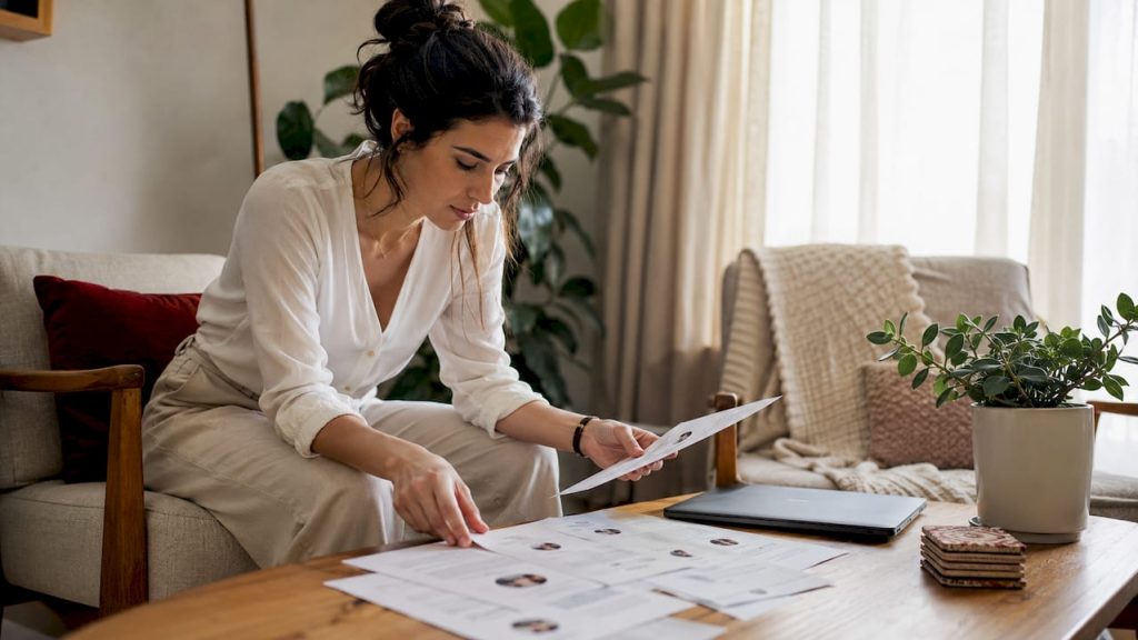 Designer reviewing printed testimonials at desk