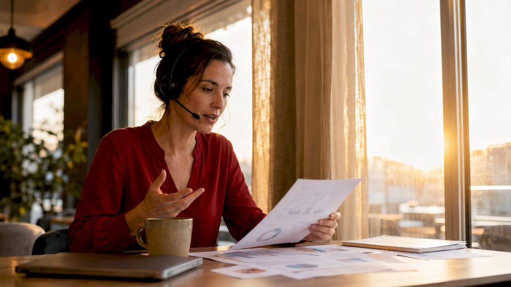 Businesswoman in home office during website strategy call