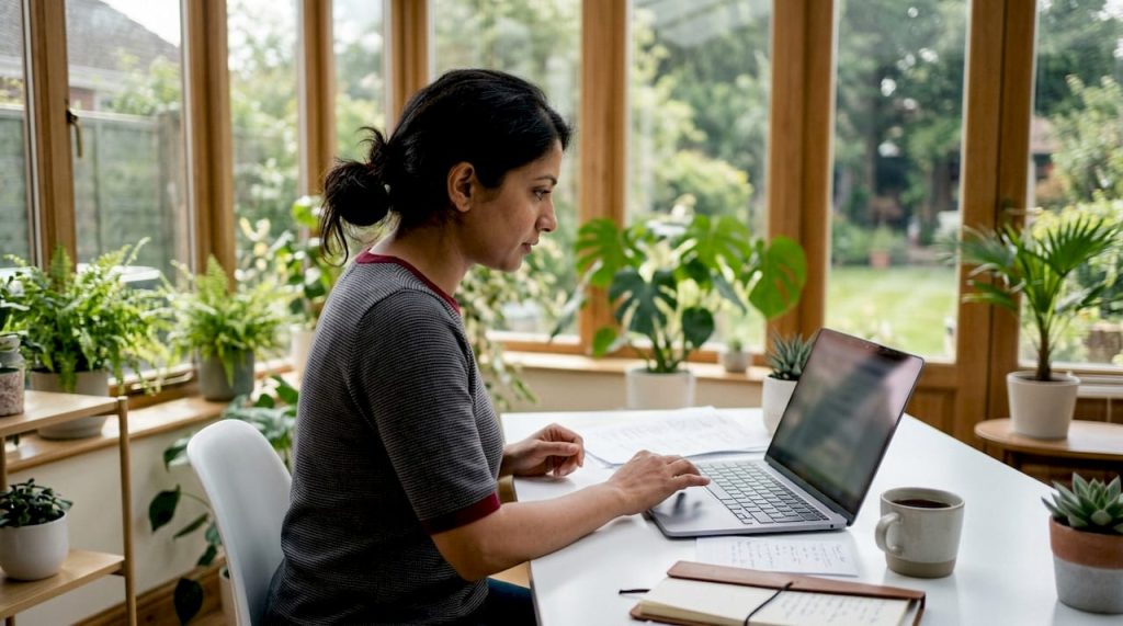 Woman managing website automation tasks on laptop