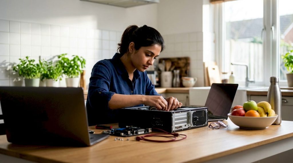 Woman setting up ecommerce workspace at home