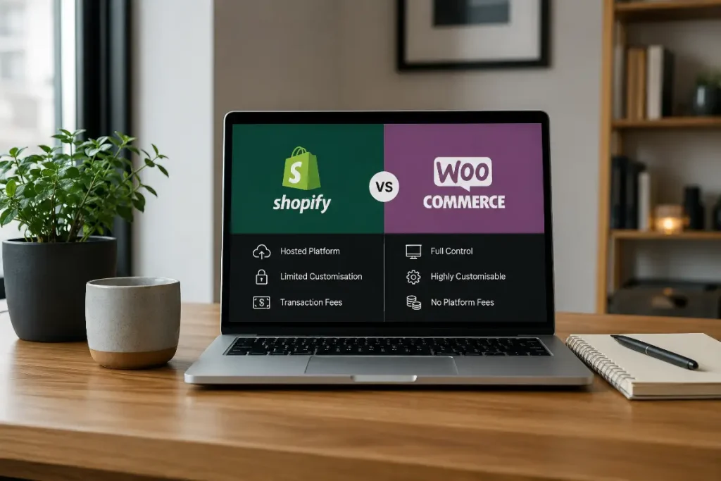 A laptop screen showing a comparison of Shopify and Woocommerce