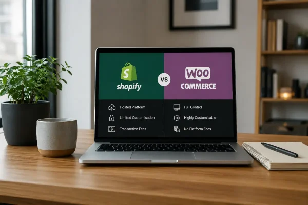 A laptop screen showing a comparison of Shopify and Woocommerce
