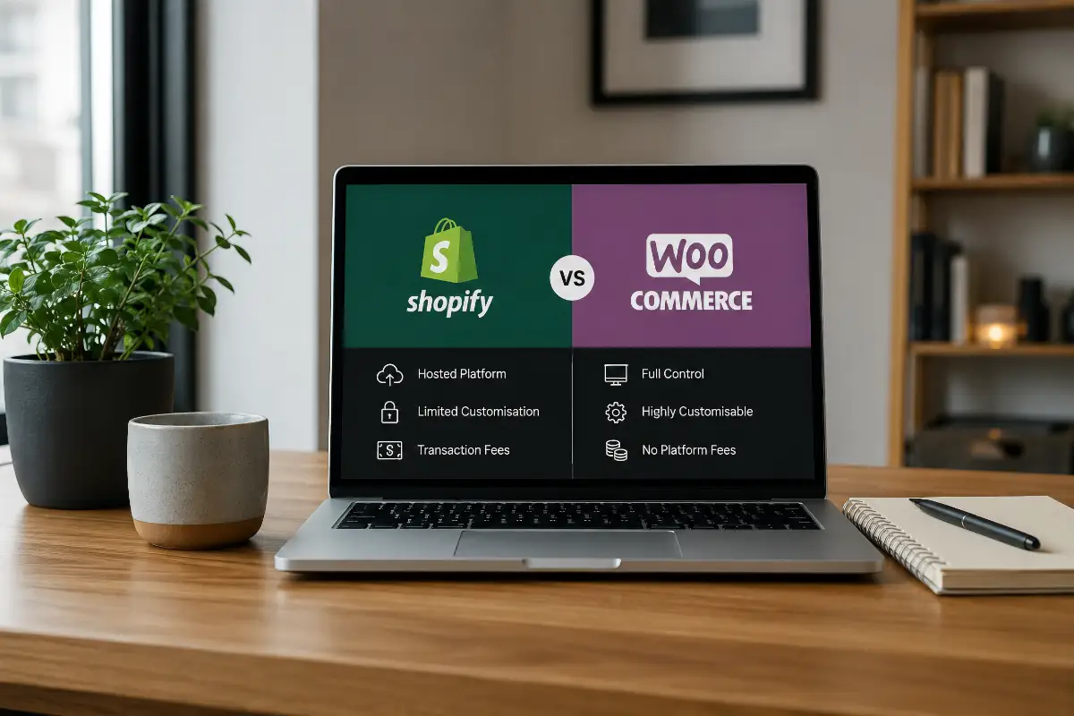 A laptop screen showing a comparison of Shopify and Woocommerce