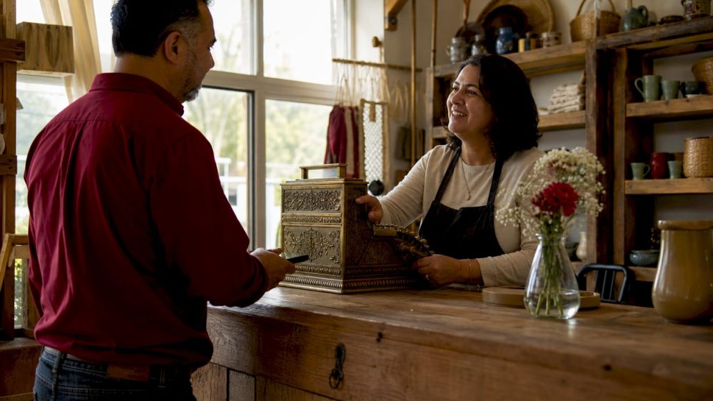 Small business owner serving local customer