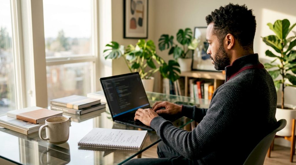 Developer coding WordPress plugin at home desk