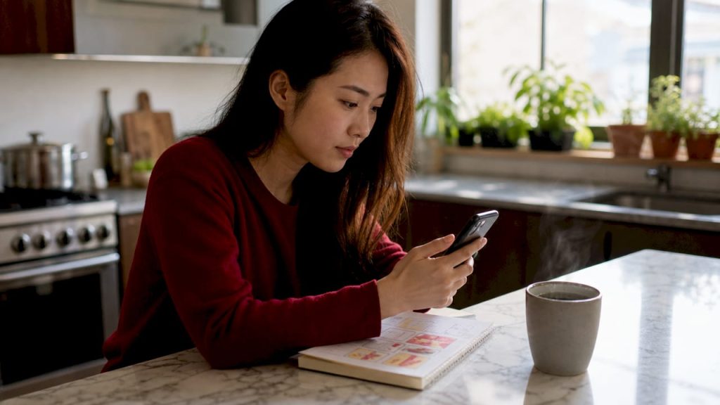Woman testing mobile website on smartphone at home office